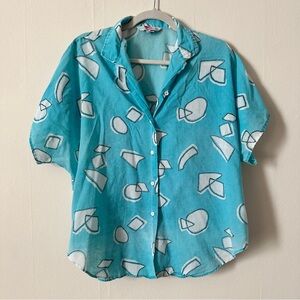Vintage 80s Sky Blue Geometric Print Button-Up Shirt size 40